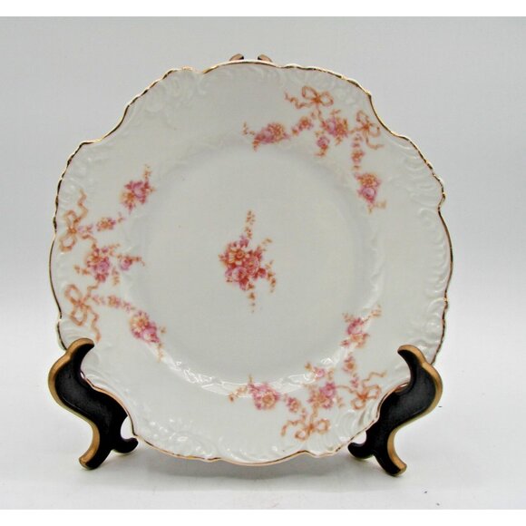 Hermann Ohme German Silesia Plate Floral Bow Pink Gold Gild Porcelain 40s Replac - Picture 1 of 10